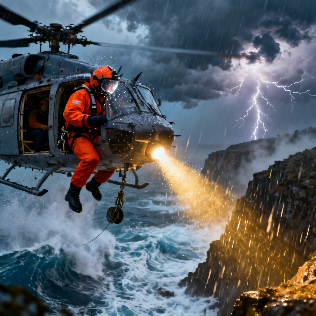 AI helicopter rescue pilot over ocean cliffs