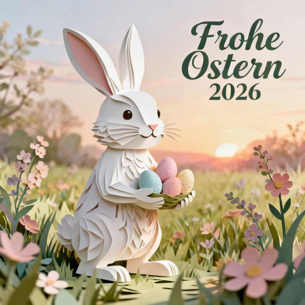 AI Ostern 2026 Easter bunny with pastel eggs in spring meadow