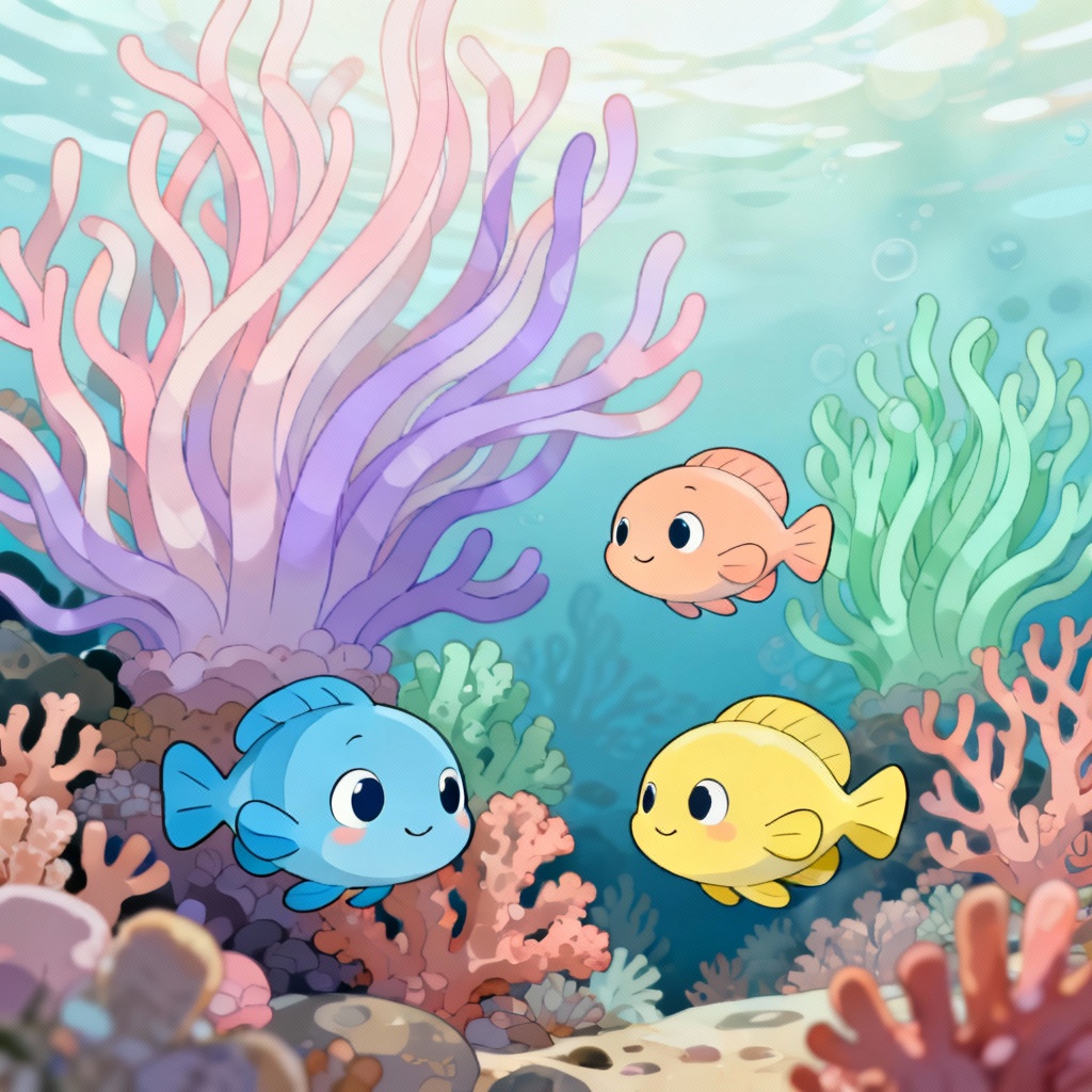 AI whimsical cartoon reef with smiling fish