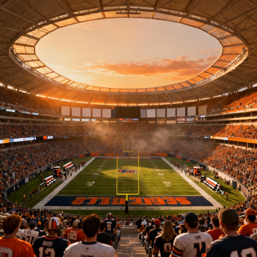 AI football stadium render with bowl seating and sunset light