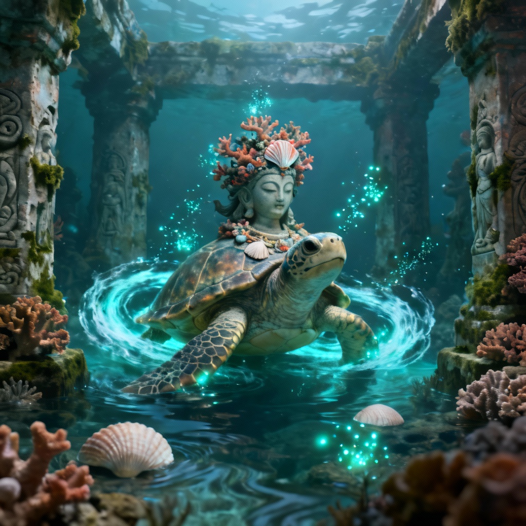 AI sea turtle deity with coral crown and tidal aura
