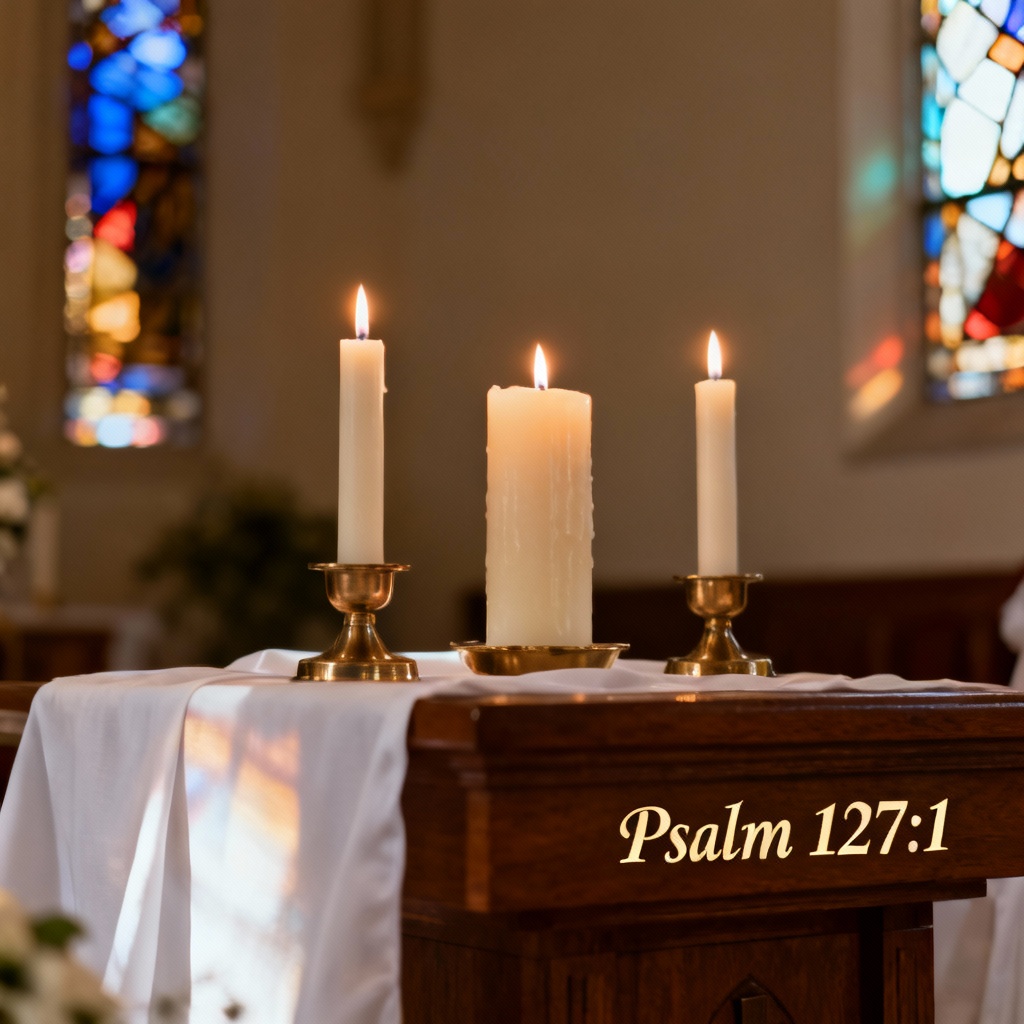 AI Christian wedding unity candle ceremony on altar