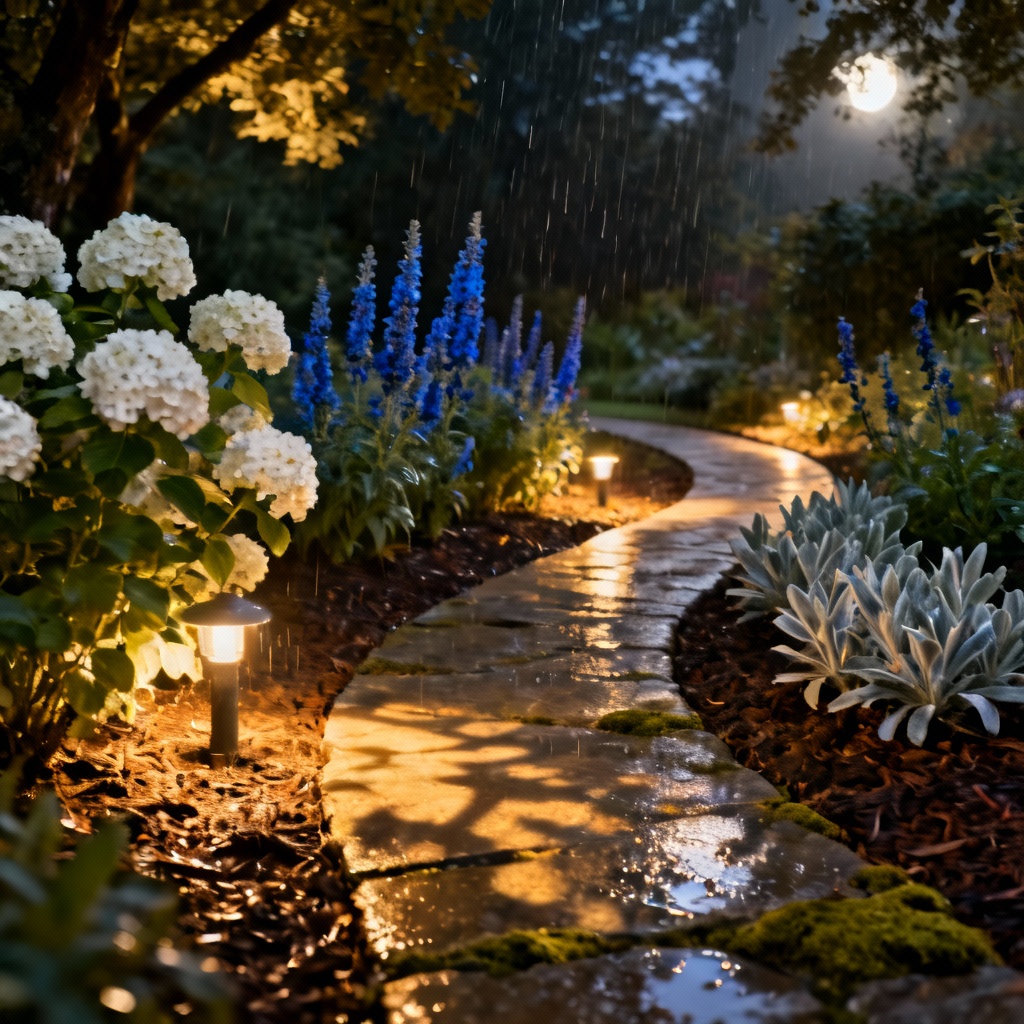 AI night garden flower bed with lighting
