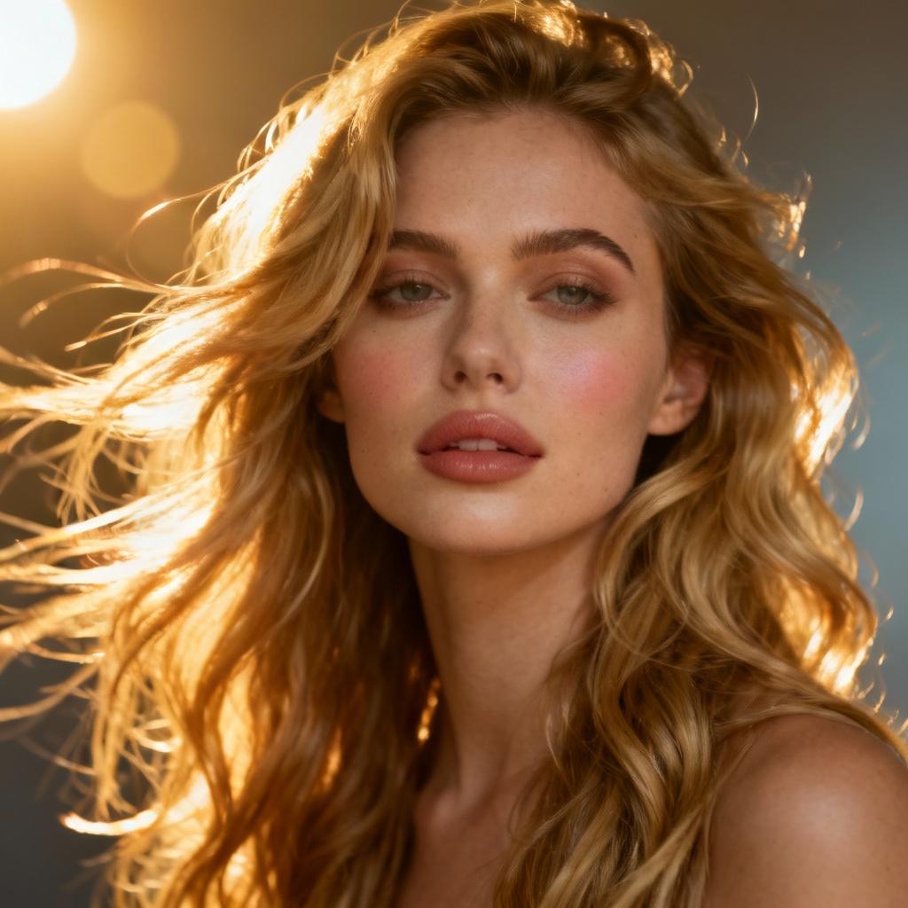 Photoreal portrait with wavy blonde hair in warm wind