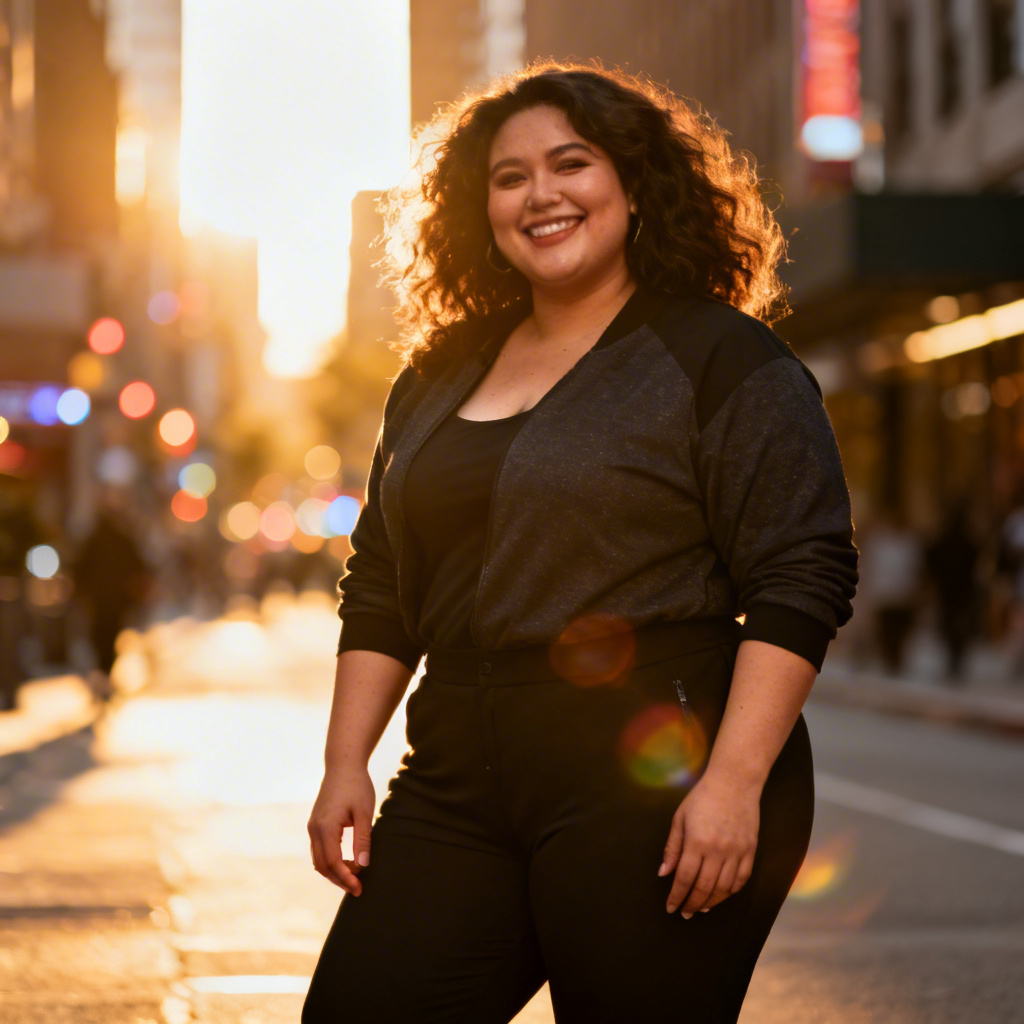 AI chubby girls street fashion portrait at golden hour