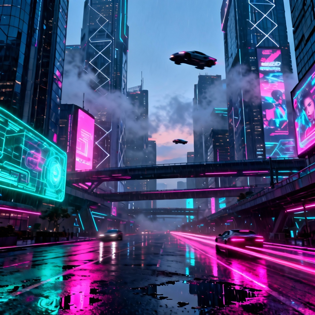 AI futurism generator neon city with flying cars and holograms
