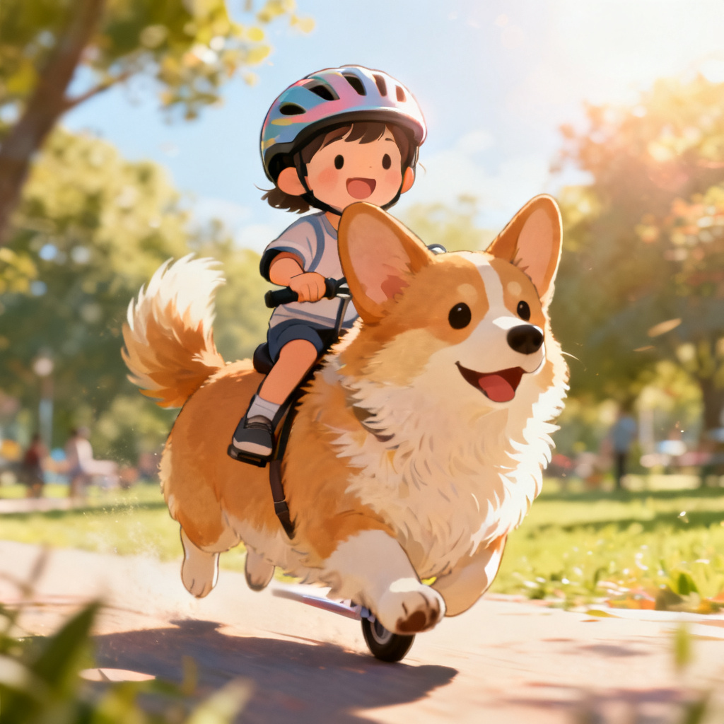 Whimsical child riding a giant corgi