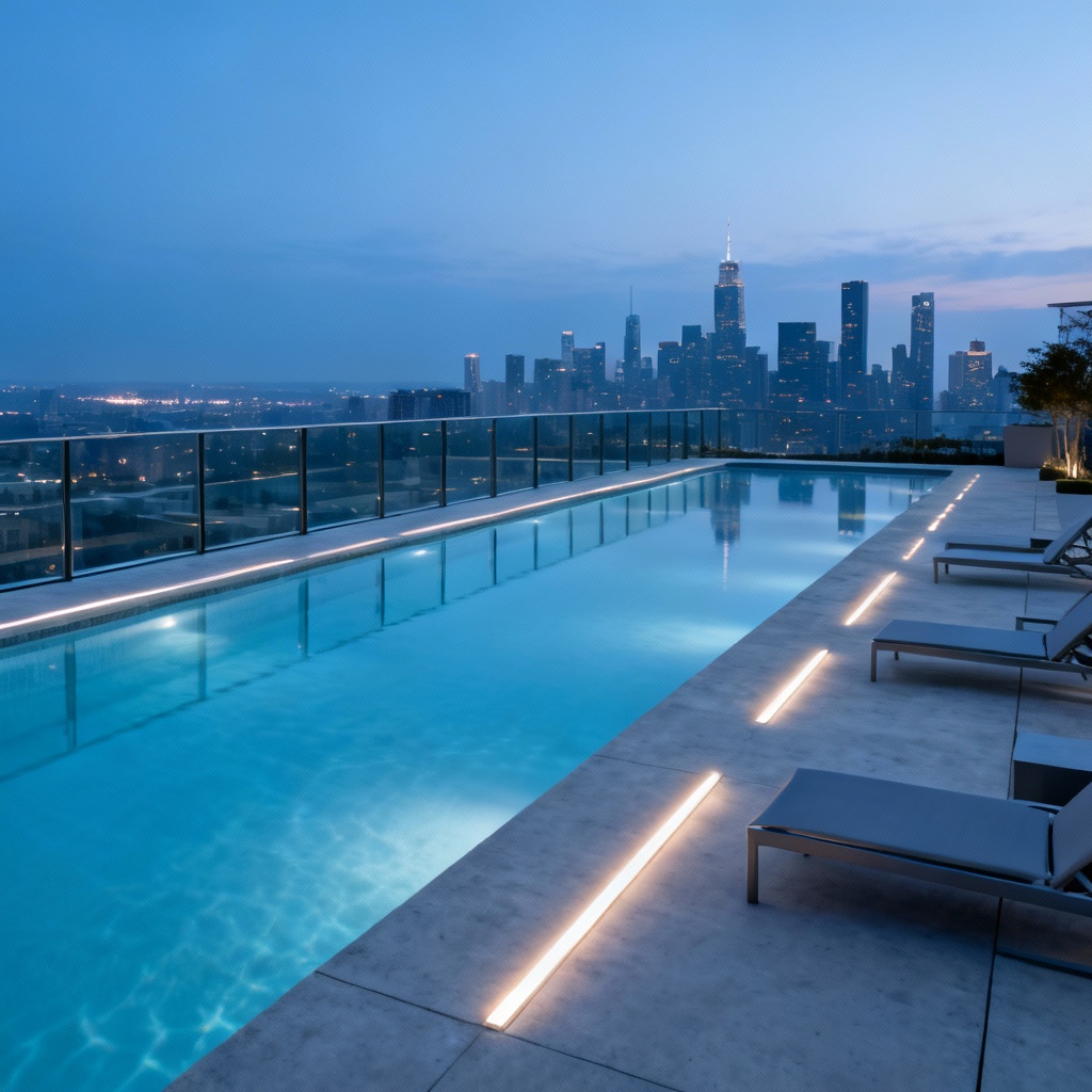 AI minimalist rooftop outdoor pool design with skyline