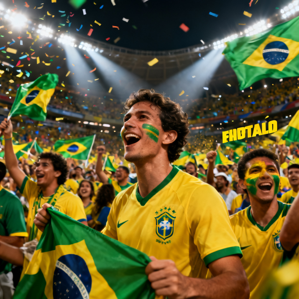 Brazil World Cup celebration scene with fans, confetti, and green-yellow lights