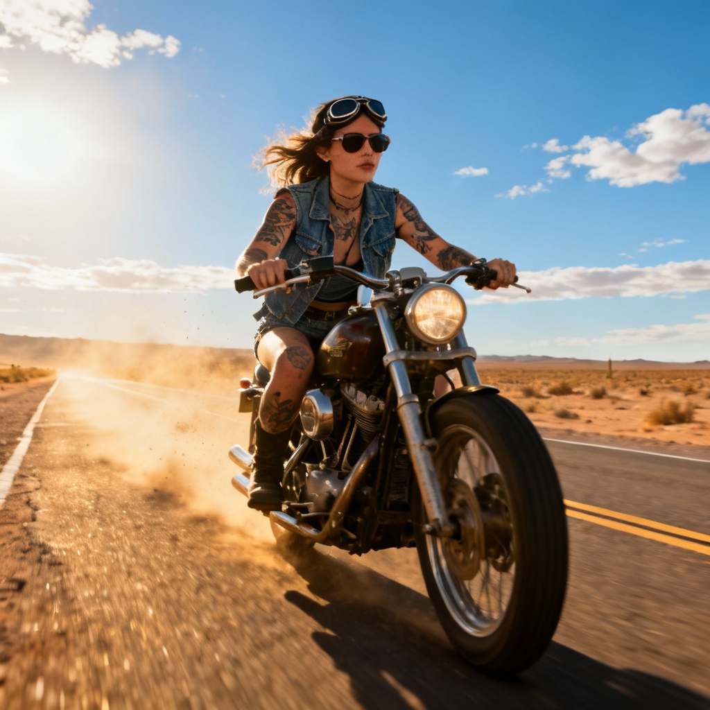 AI chopper biker girl on desert road