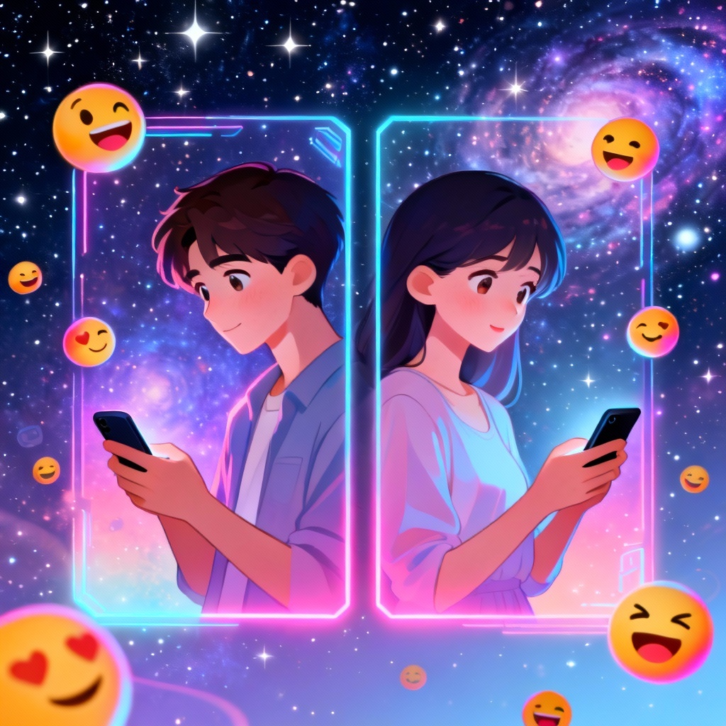 Long distance couple cartoon with galaxy background