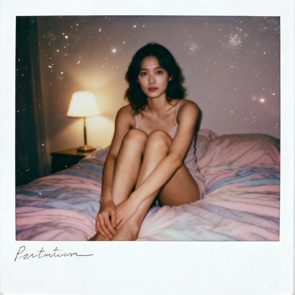 AI polaroid girl cozy bedroom instant-film look