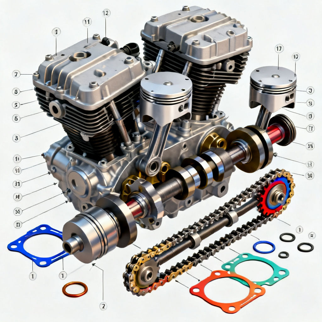 AI exploded inline-four motorcycle engine with numbered steps