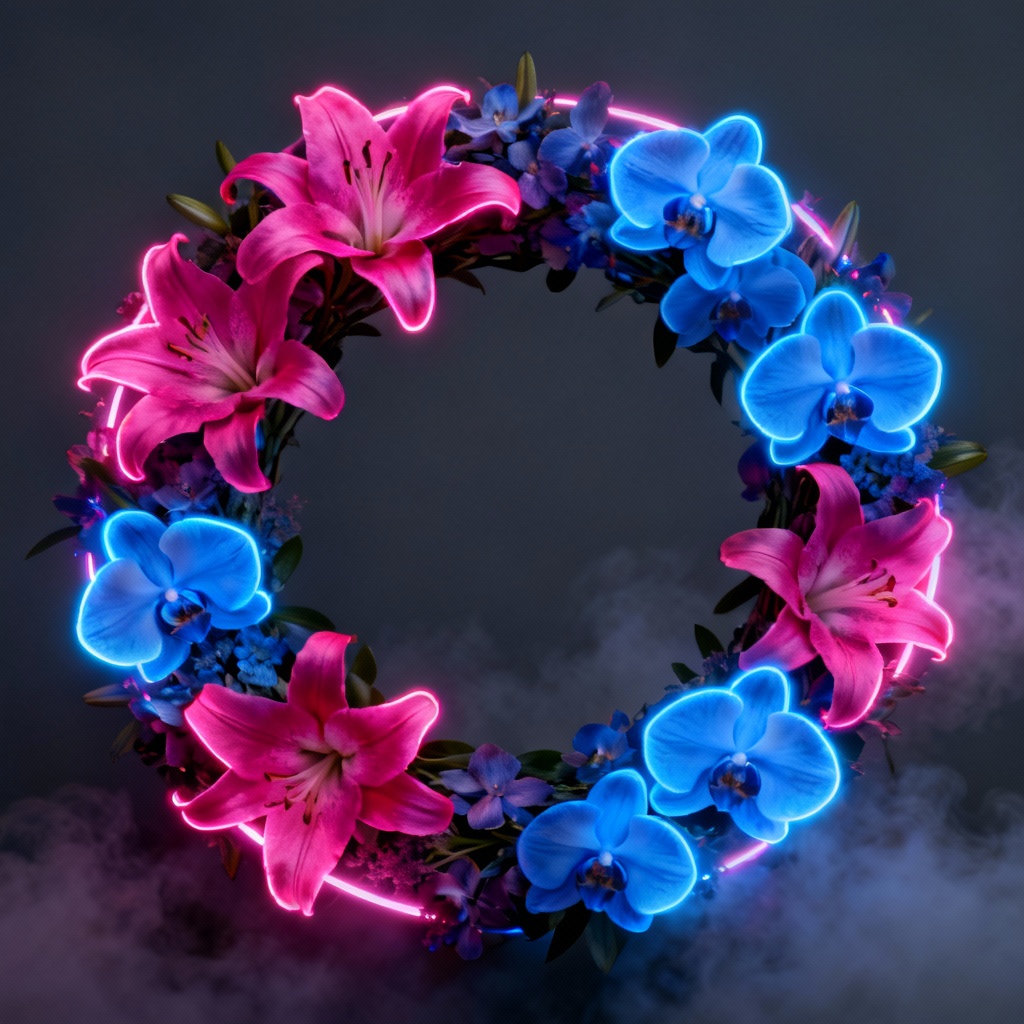Neon cyberpunk floral wreath with glowing accents