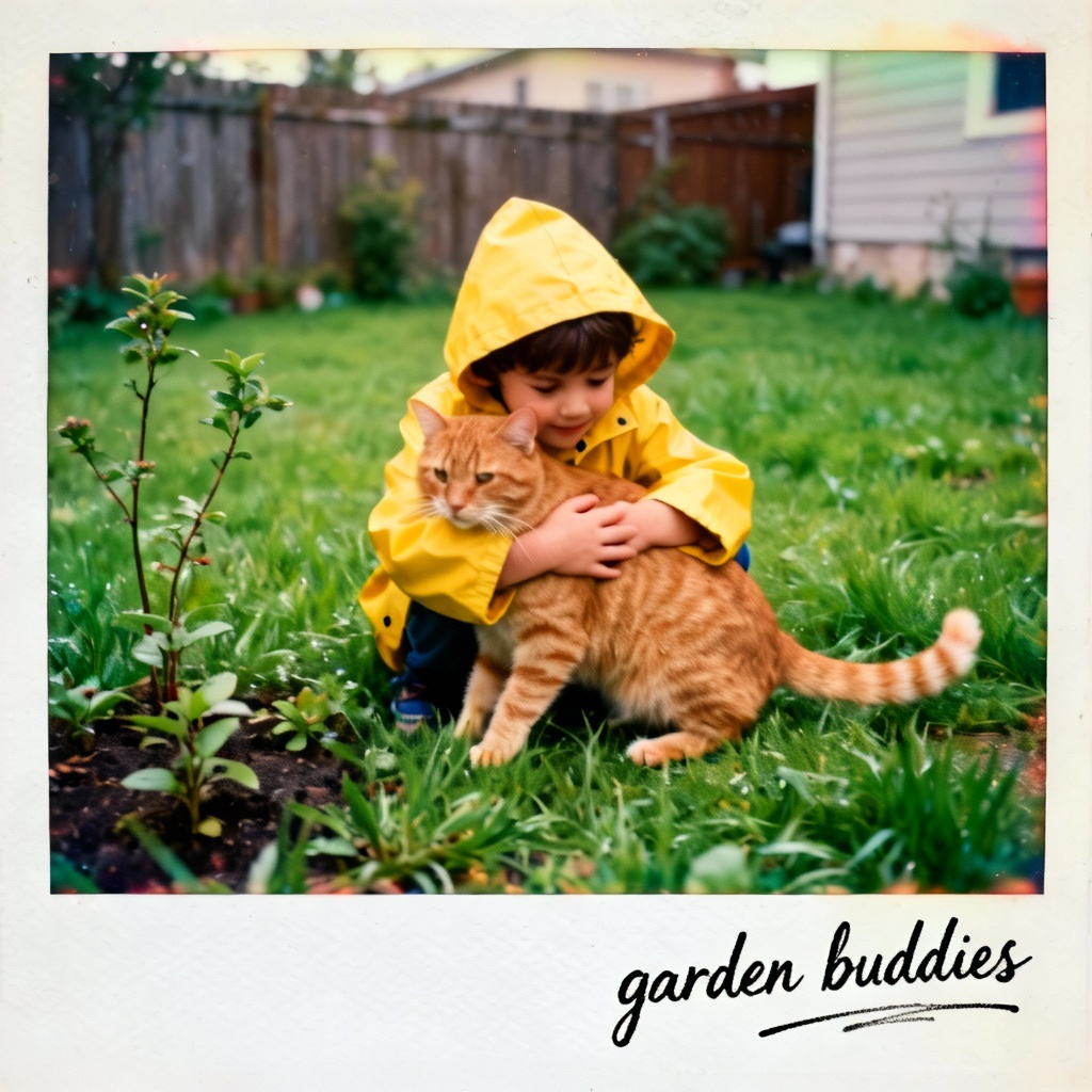Polaroid of a kid hugging a tabby cat in the backyard