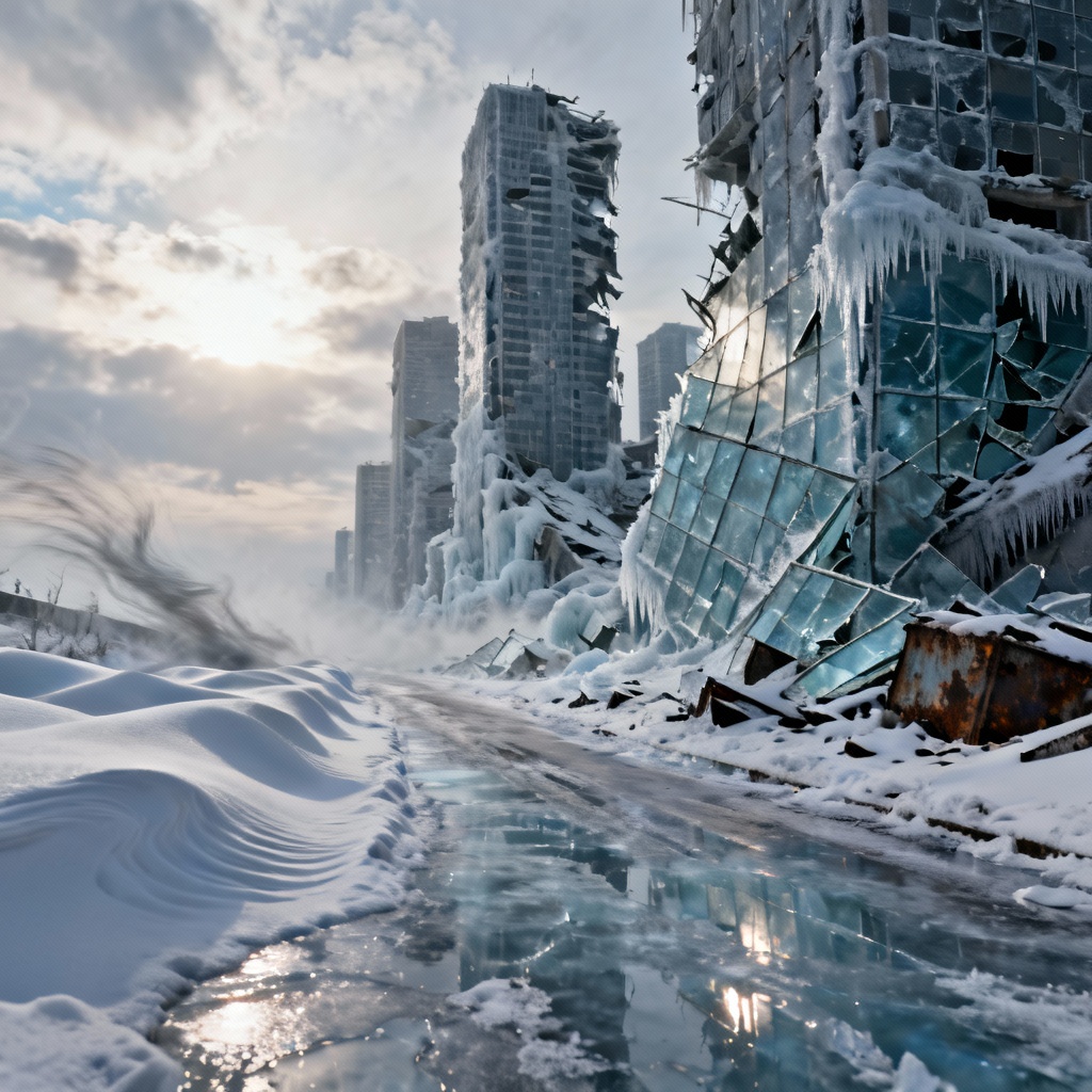 Post-apocalyptic frozen megacity ruins under pale winter sun