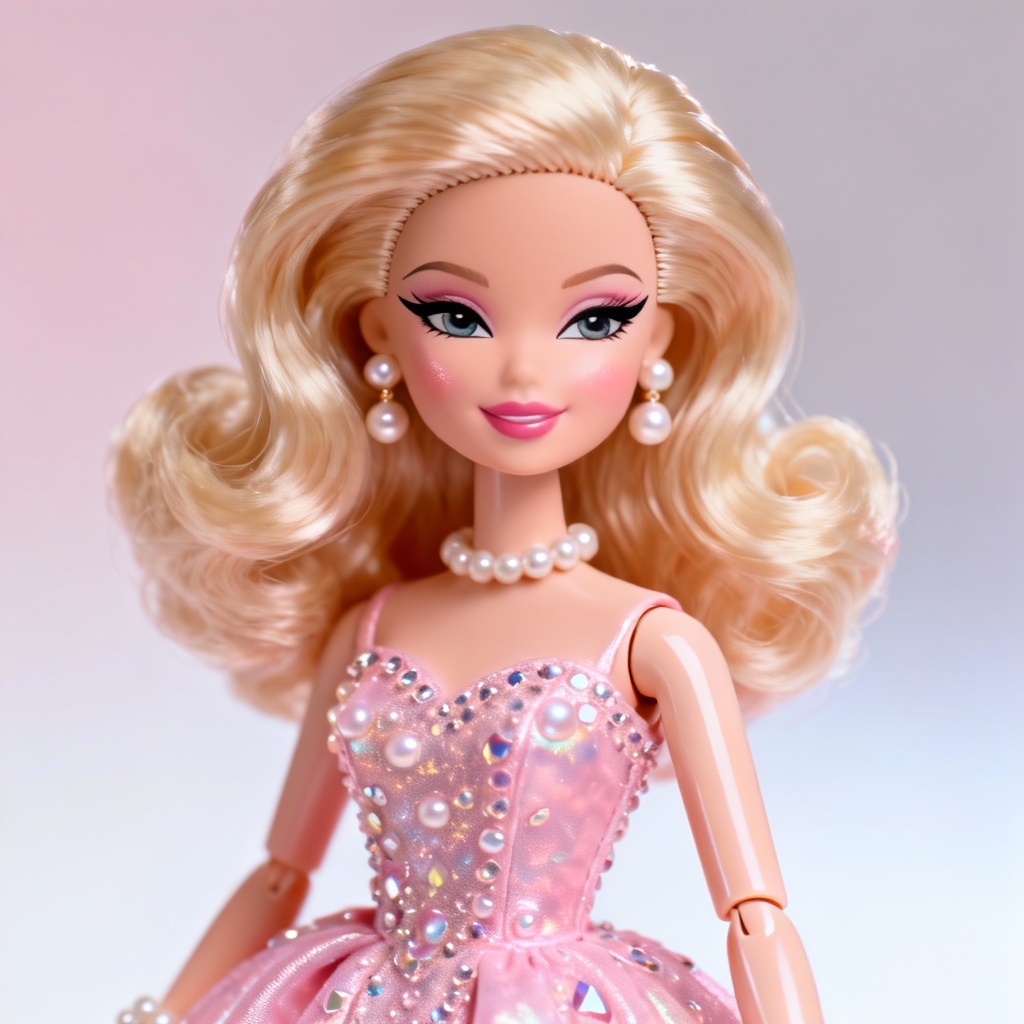 AI Barbie-style glam fashion doll portrait in pastel pink