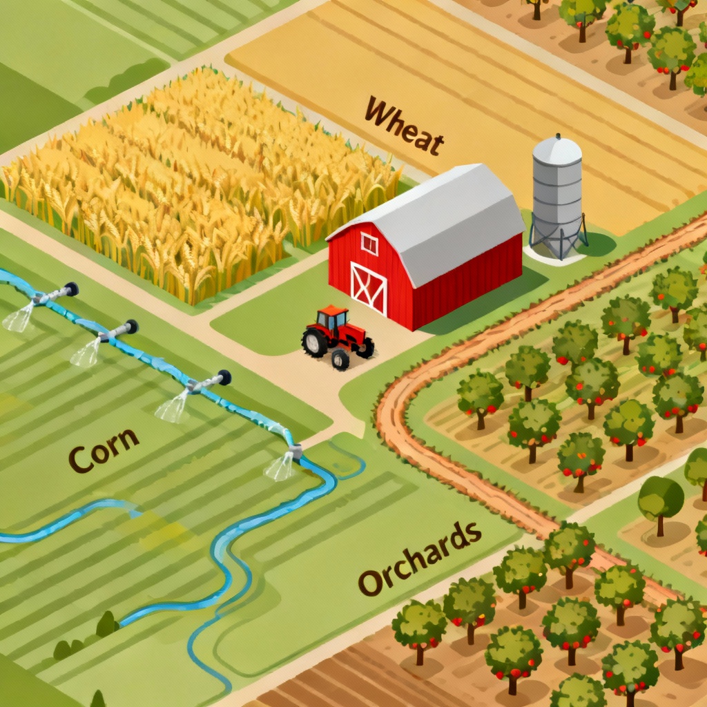 AI isometric farm map with fields, barns, and tractors