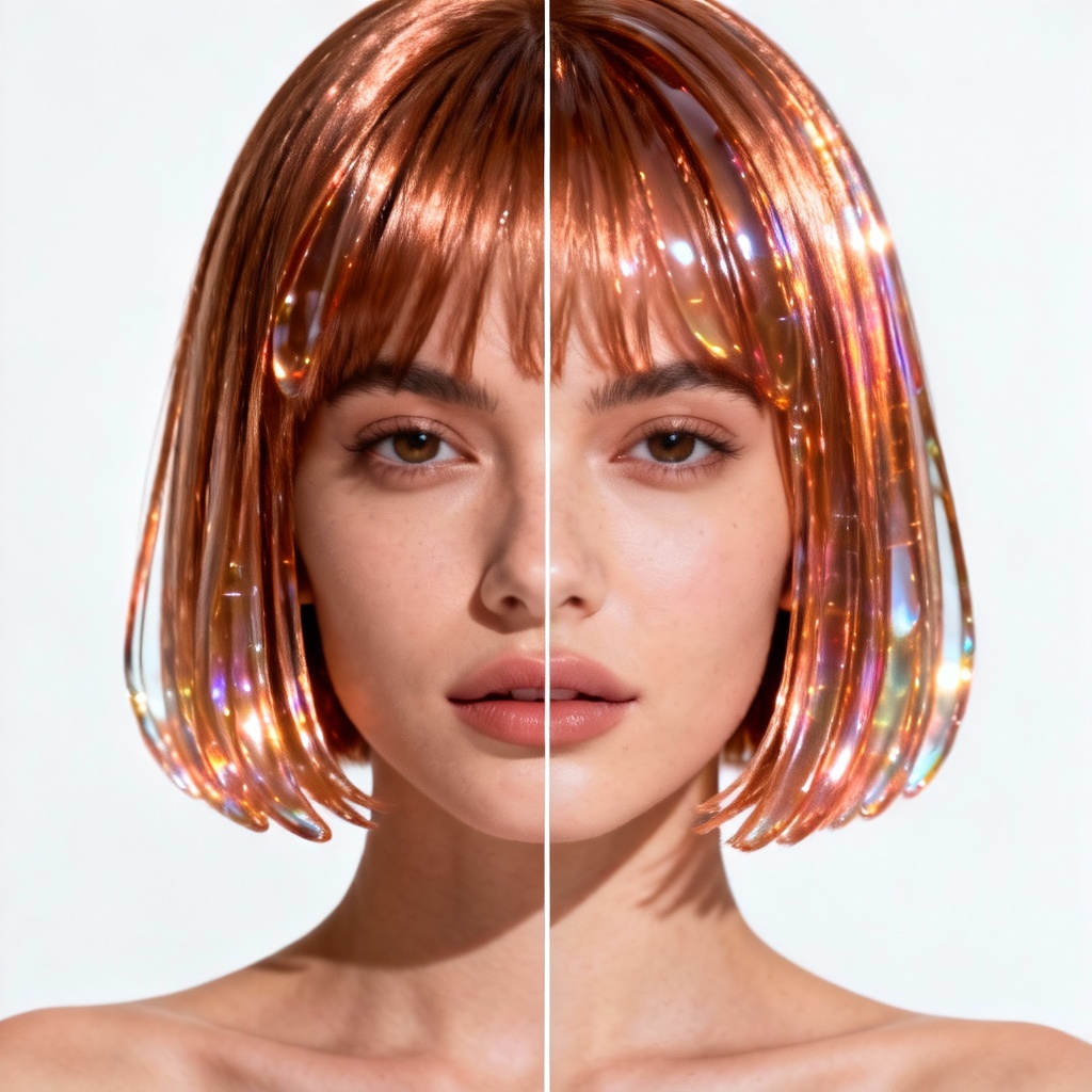 AI before and after virtual hairstyle try-on with neon bob