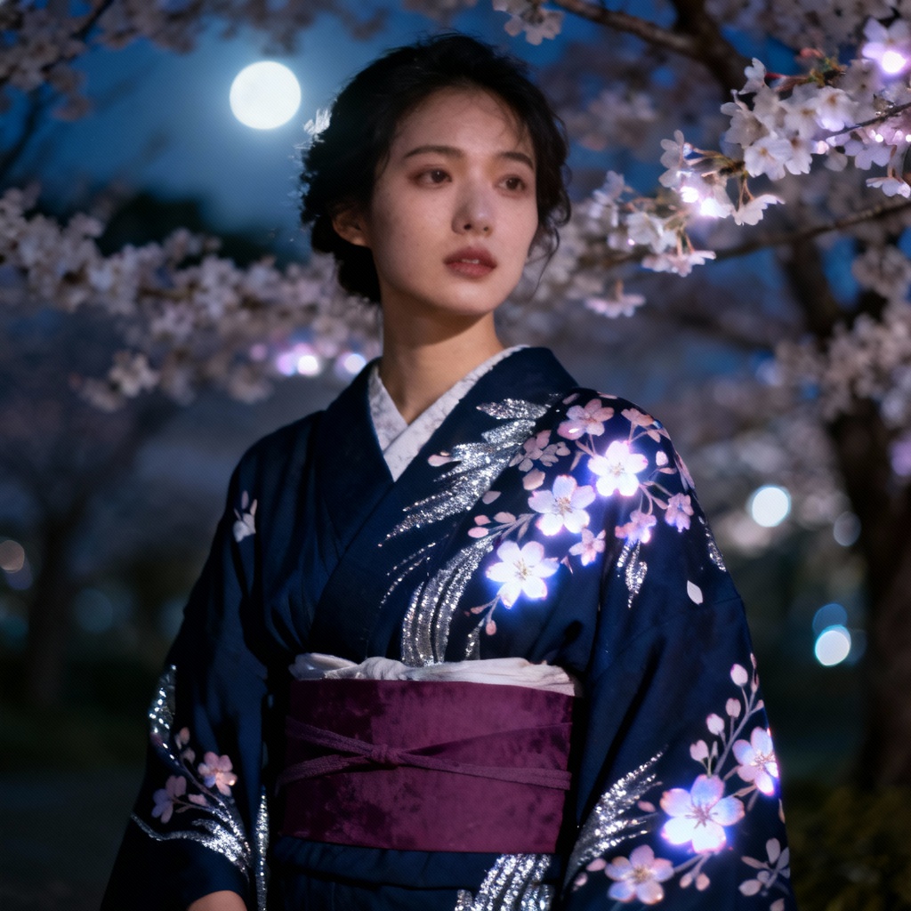 AI cherry blossom night kimono with sakura motif