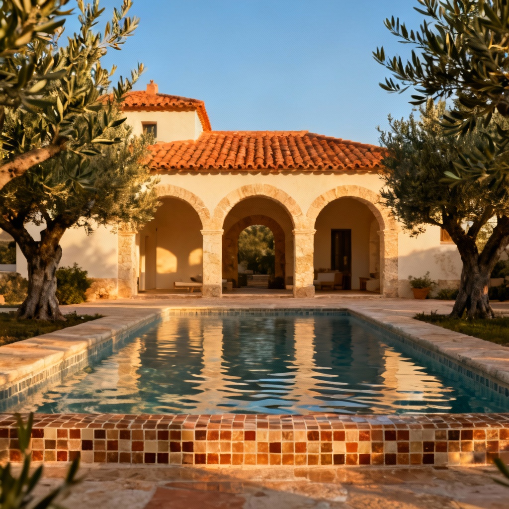 Mediterranean villa pool with terracotta roof and olive trees