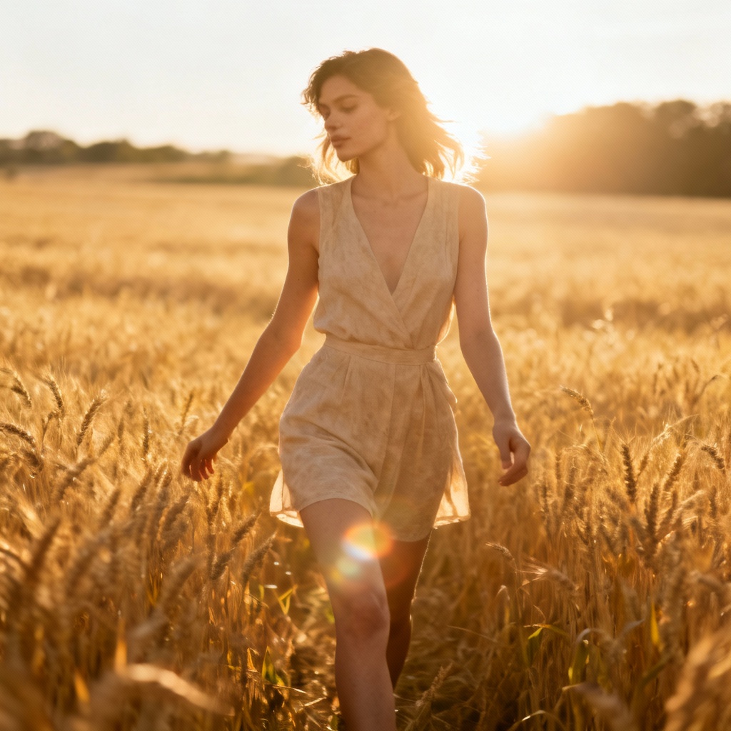 AI warm season golden wheat field fashion portrait
