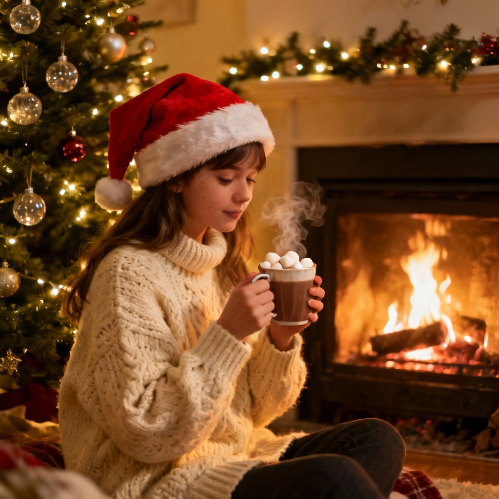 Cozy Christmas girl in sweater and Santa hat holding hot cocoa
