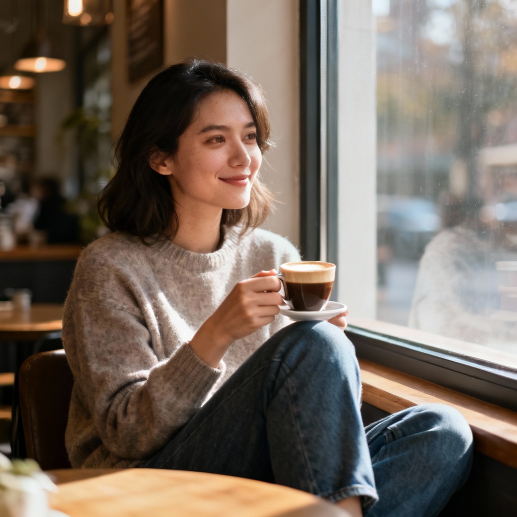 AI sitting casual pose reference in a cozy cafe