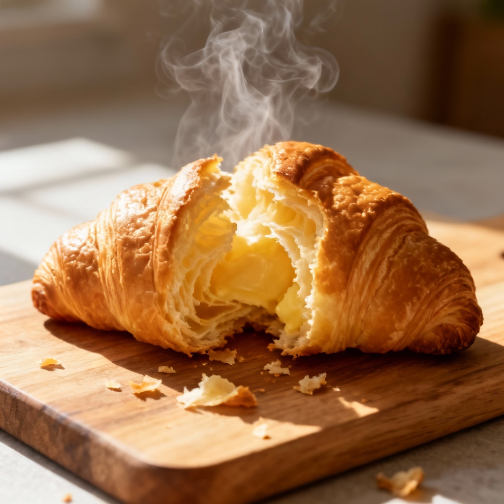 Macro shot of buttery croissant with flaky layers