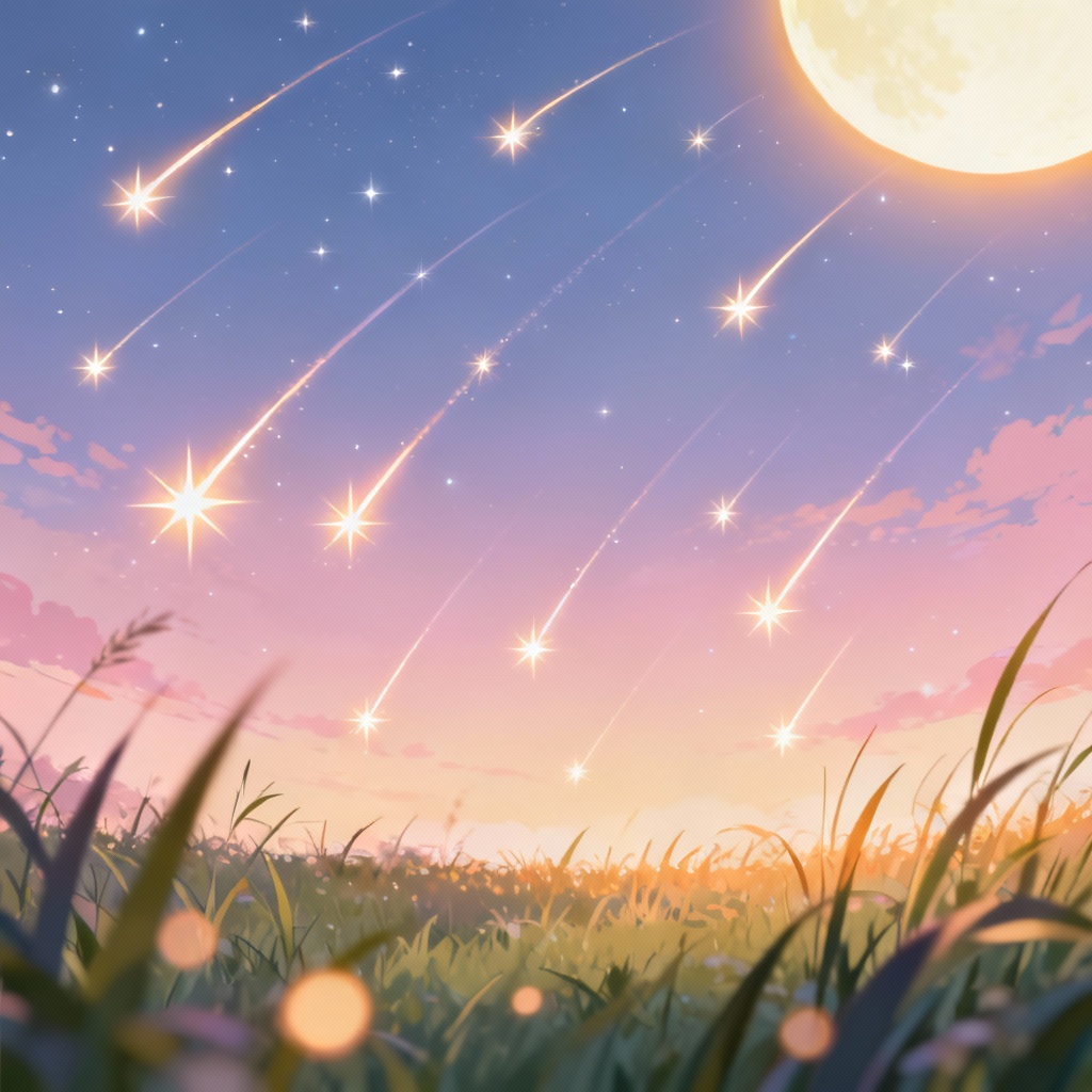 Anime meadow under a sky of dreamy shooting stars