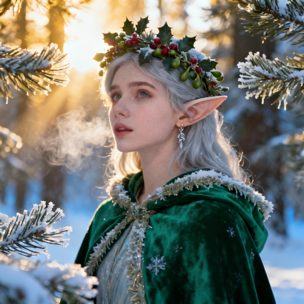 Snow elf Christmas girl with holly crown in a pine forest