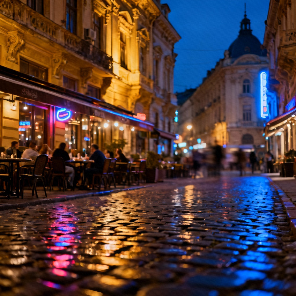 AI Bucharest Old Town night scene with cafes