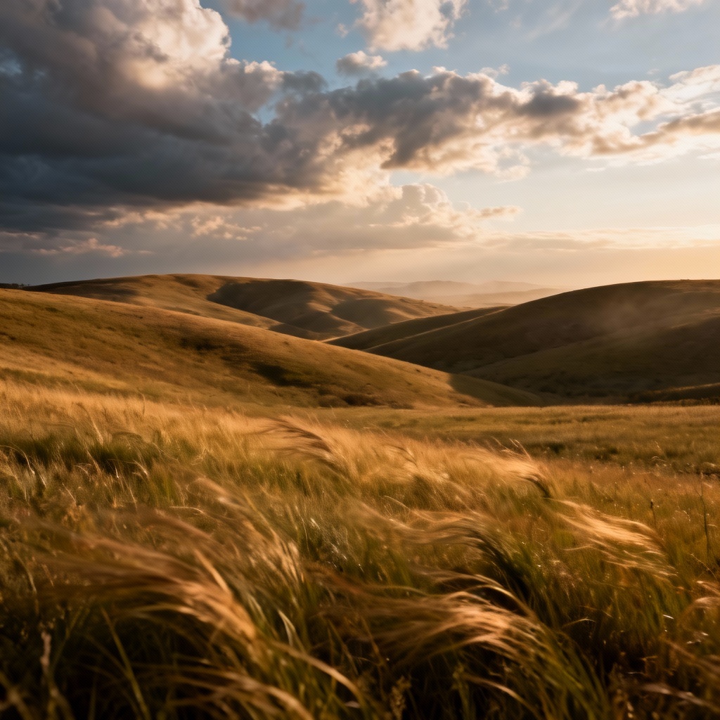 Cinematic prairie with rolling hills and wind-swept grass