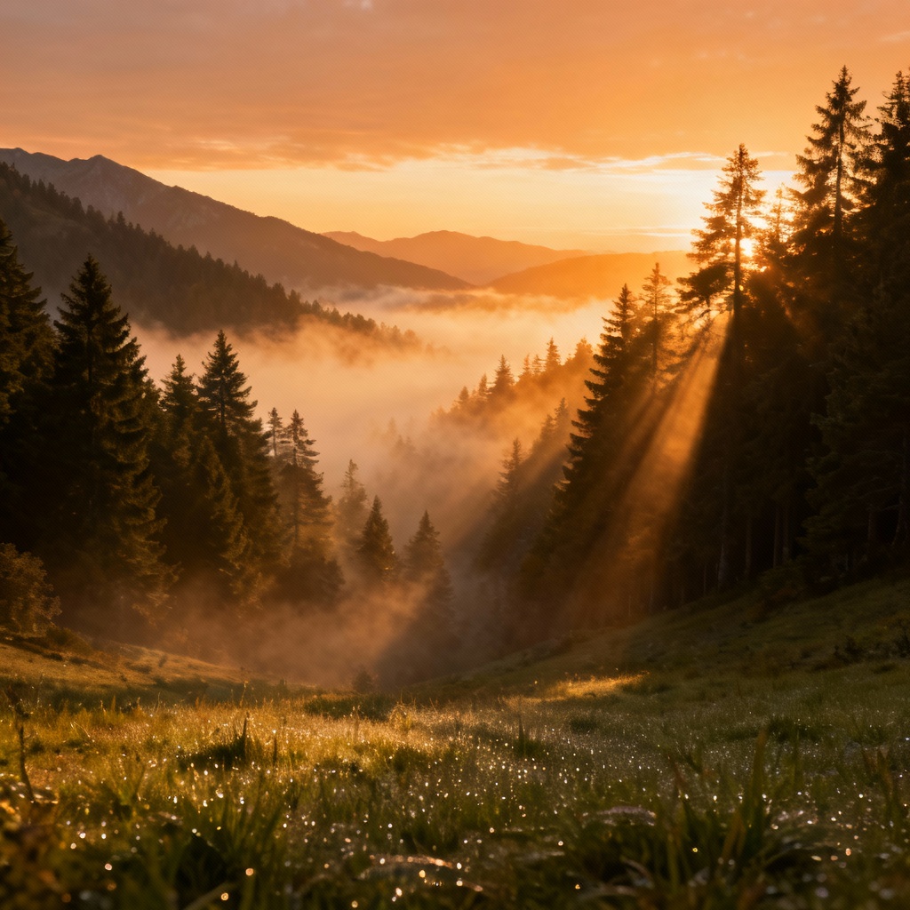 AI-generated misty pine forest valley at sunrise