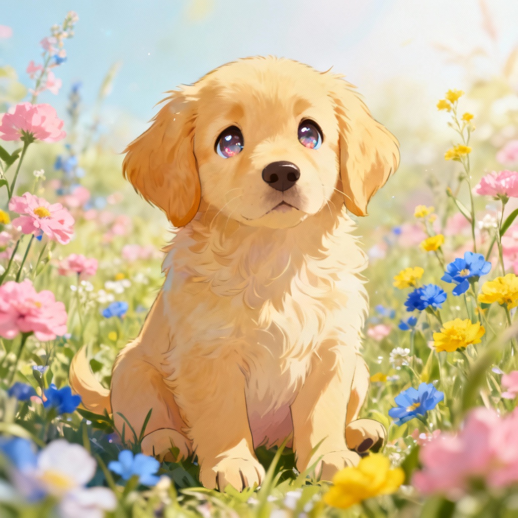 Cute golden retriever puppy in flower field