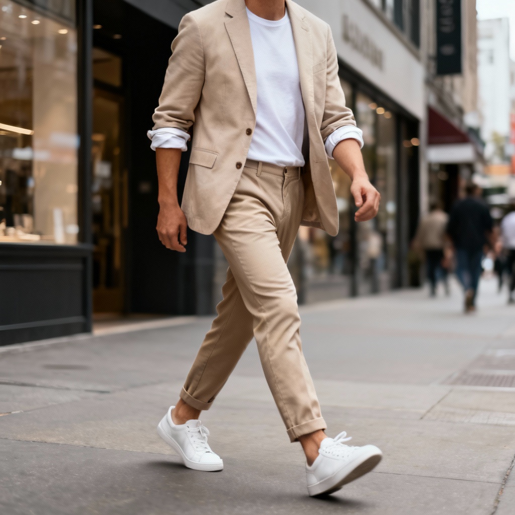 AI casual beige blazer street style look