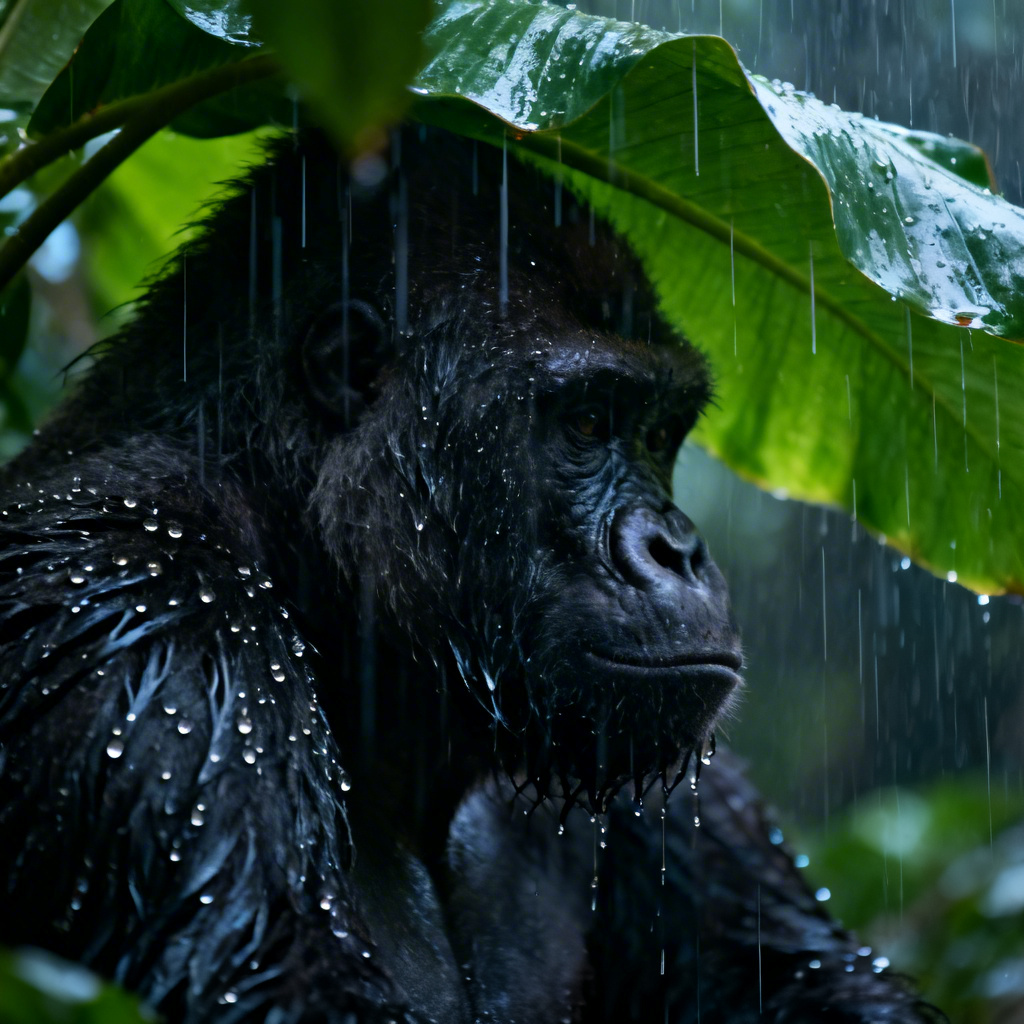 Gorilla vlog monologue under leaves during rainstorm