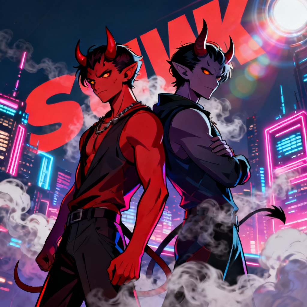AI Hazbin Hotel OC duo poster in neon hell city