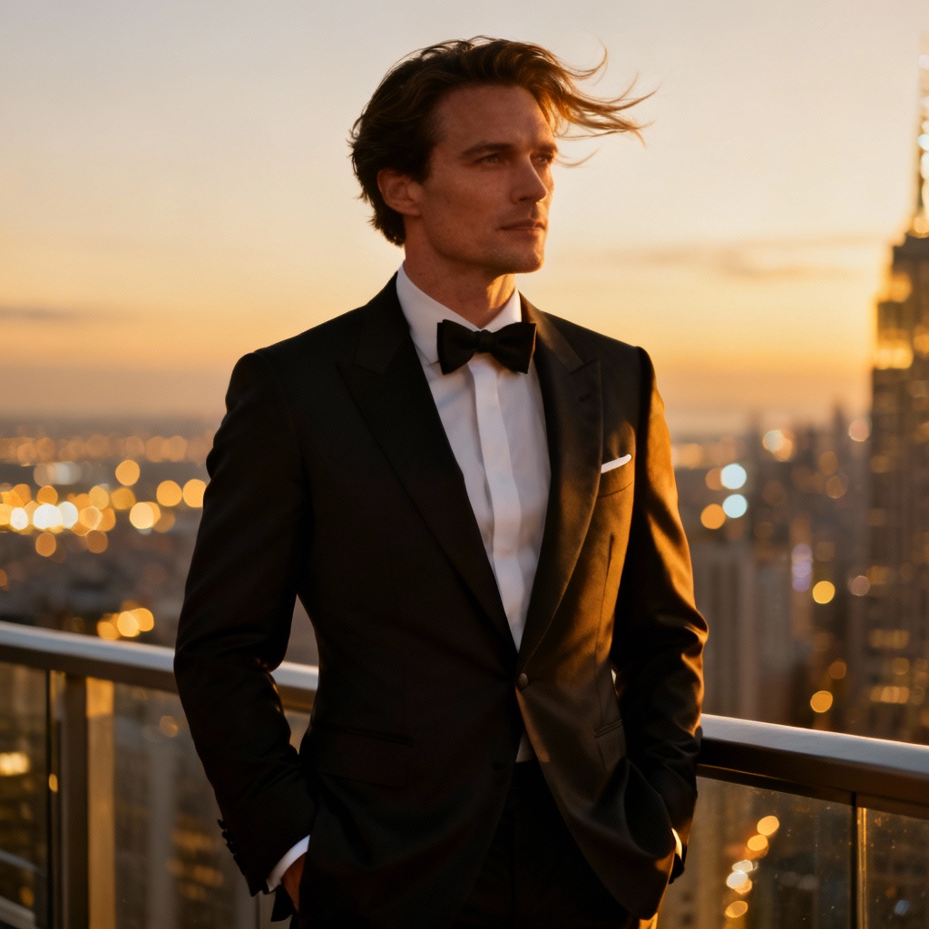 AI billionaire balcony portrait at dusk