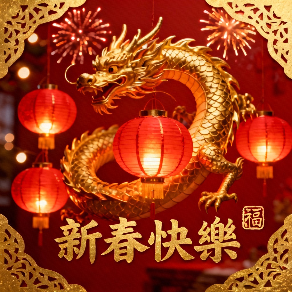 AI Chinese Lunar New Year card with red lanterns, golden dragon, and 福 character