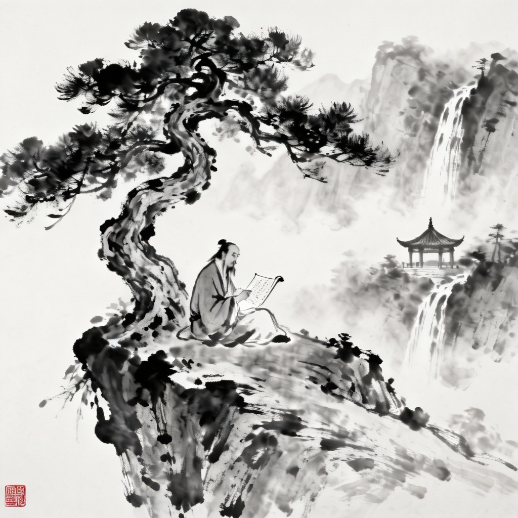 AI Chinese scholar under pine ink wash painting