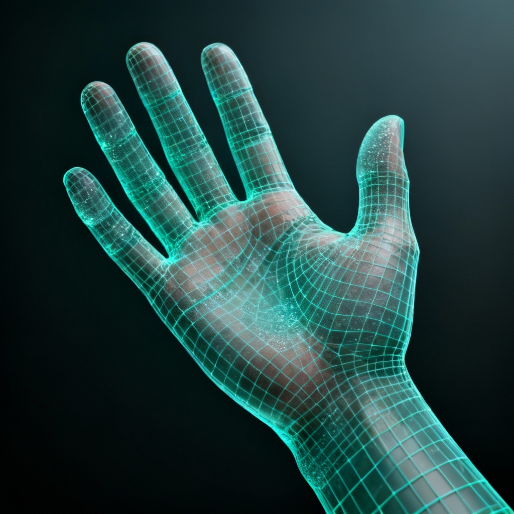 3D wireframe hand showing open palm pose
