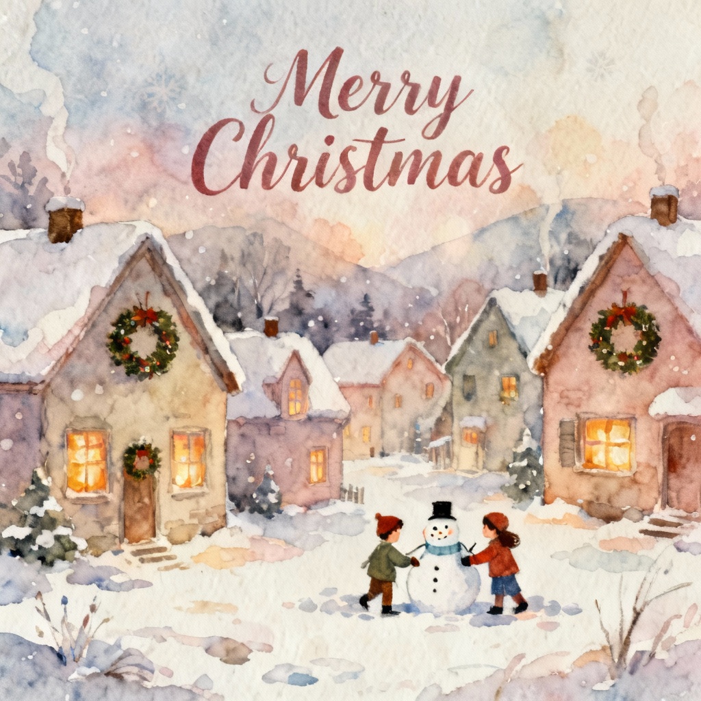 Watercolor winter village Christmas card