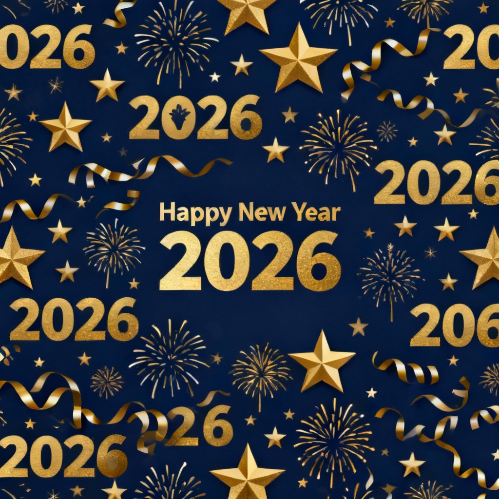 Happy New Year 2026 wallpaper with stars and fireworks pattern