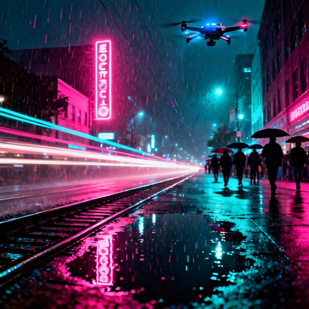 AI cyberpunk city rainy boulevard with neon glow