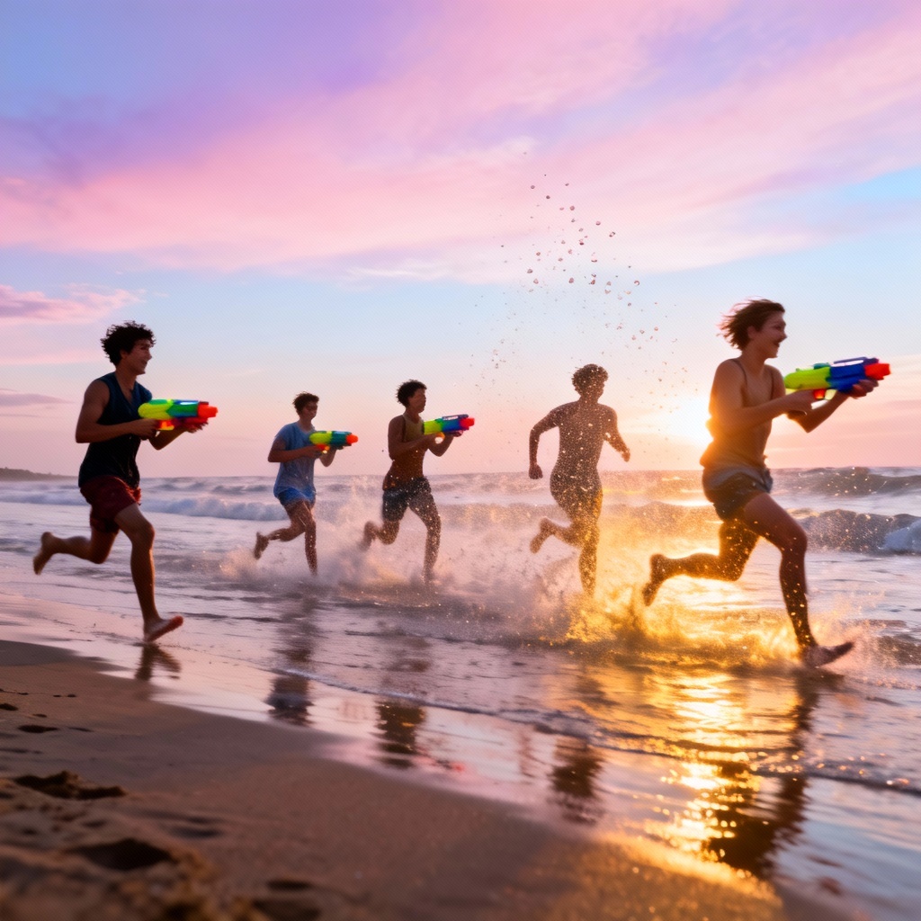 AI water fight at sunrise on a sandy beach