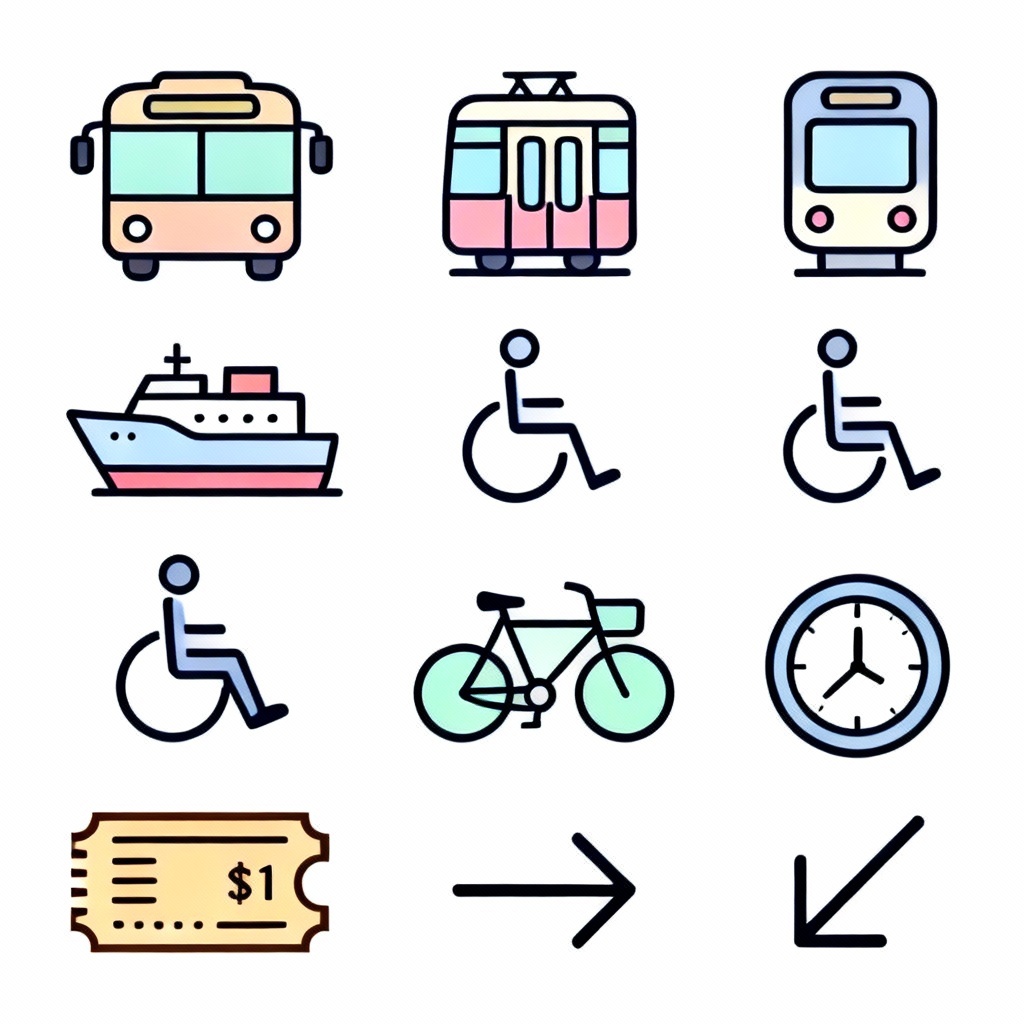 AI minimal transit icons for bus, tram, metro, and signage
