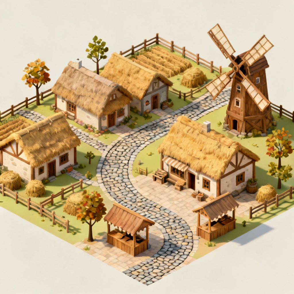 AI isometric rustic village map with windmill and farms