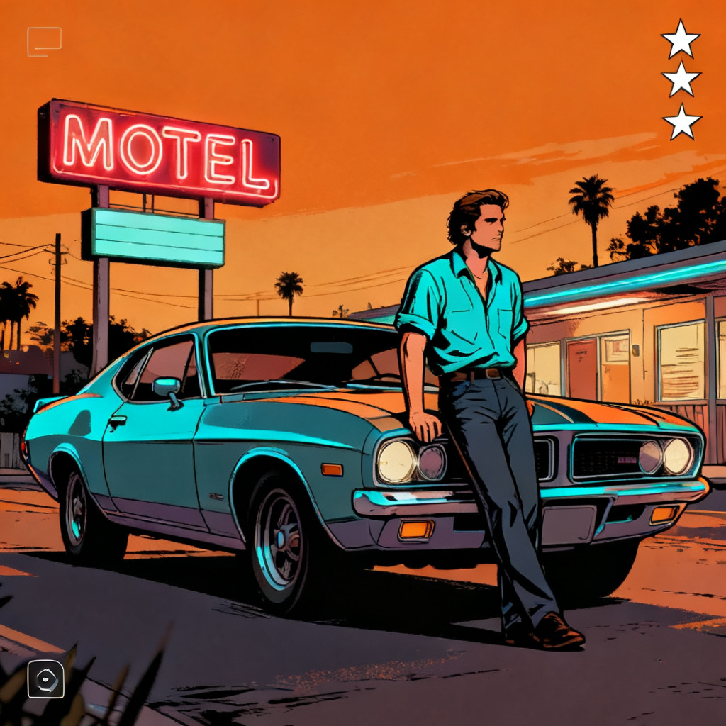 AI GTA-style loading screen with muscle car and neon motel