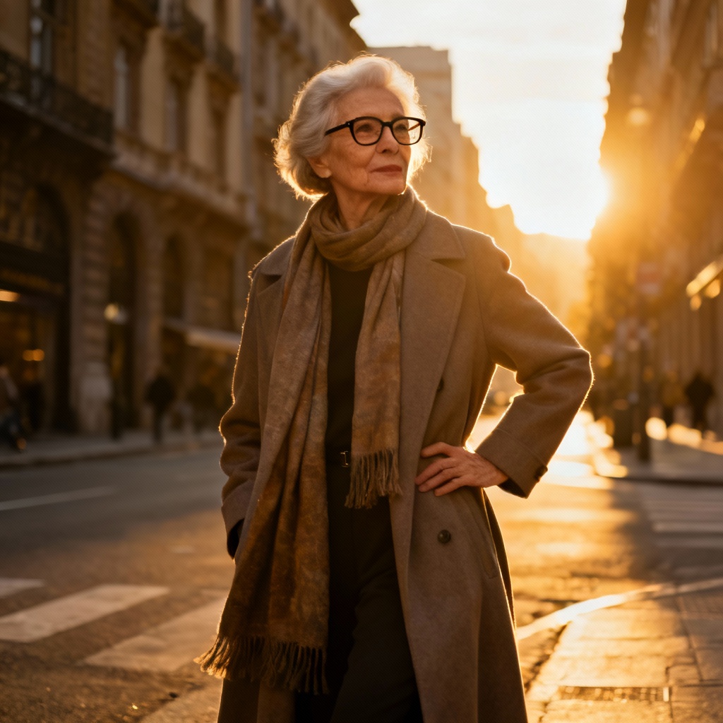 Modern stylish grandmother in city street fashion
